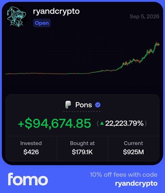 A trading interface from 'fomo' shows a chart for 'ryandcrypto' dated Sep 5, 2026, with a massive gain of '+$94,674.85' (22,223.79%) on the token 'Pons', showing an investment of $426 with a current value of $925M and a promo code 'ryandcrypto'.