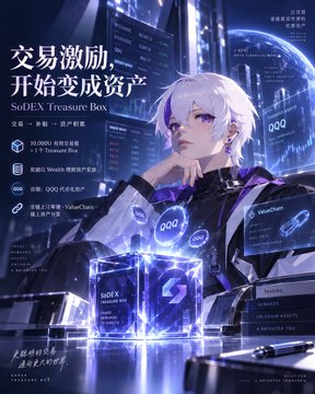 A sci-fi style promotional poster for 'SODEX Treasure Box' featuring a white-haired anime character alongside Chinese text, highlighting prizes like 10,000 Treasure coins, a Treasure Box, and 100,000 Voucher Coins.