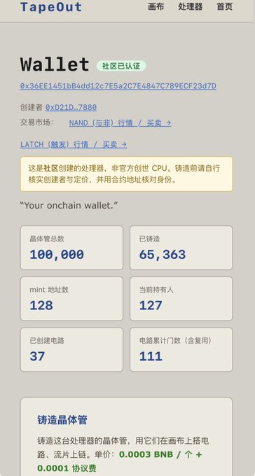 Screenshot of a cryptocurrency wallet page on TapeOut showing a wallet address, with 100,000 total chips, 65,363 minted, 128 mint addresses, 127 holders, and 37 circuits created.