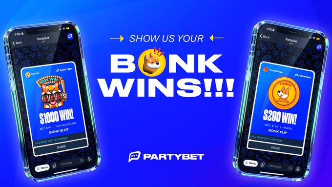 A promotional banner for "PARTYBET" reading "SHOW US YOUR BONK WINS!!!" featuring two phone screenshots showing wins of $1000 and $200 from BONK SLOT and BONK FLIP games.