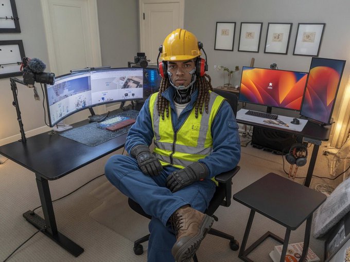 A person in a yellow hard hat, high-visibility vest, and work gloves sits at a multi-monitor setup with cameras and equipment in a home office environment.