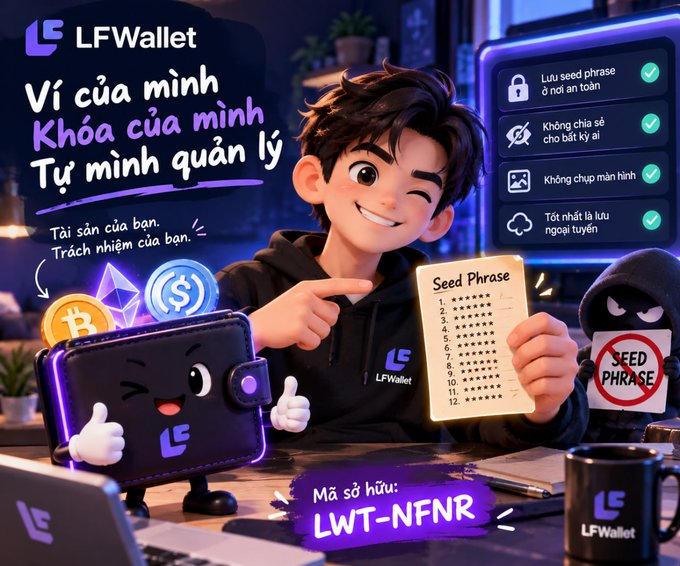 A promotional graphic for 'LFWallet' featuring a cartoon boy holding a 'Seed Phrase' list, with a masked hacker figure and Vietnamese text reading 'Ví của mình Khóa của mình Tự mình quản lý'.