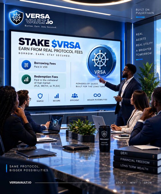 A promotional image for Versa Vault.io showing a business presentation about staking $VRSA token, with text including 'Borrow Fees Paid in VSD', 'Redemption Fees Paid in the collateral of that market (PLS, WETH, or PLSX)', and 'VERSAVAULT.IO'.