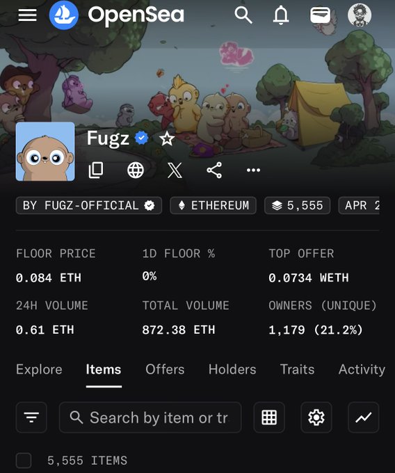 A screenshot of an OpenSea NFT marketplace page for the 'Fugz' collection by FUGZ-OFFICIAL on Ethereum, showing 5,555 items with a floor price of 0.084 ETH.