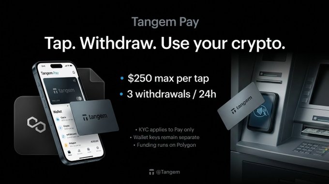 A Tangem Pay advertisement reading 'Tap. Withdraw. Use your crypto.' with details about $250 max per tap, 3 withdrawals per 24h, and funding on Polygon.