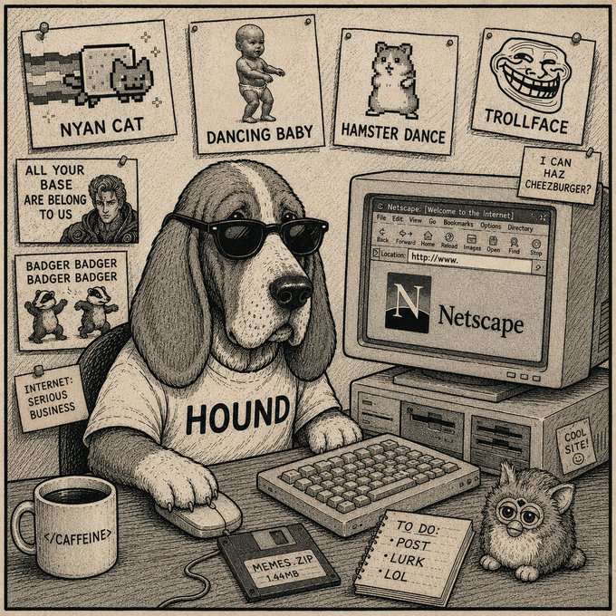 A black-and-white sketch-style illustration shows a basset hound wearing sunglasses and a 'HOUND' shirt at a computer, surrounded by classic internet meme posters (Nyan Cat, Dancing Baby, Hamster Dance, Trollface, 'All Your Base Are Belong To Us', Badger Badger) and a coffee mug labeled '</CAFFEINE>'.