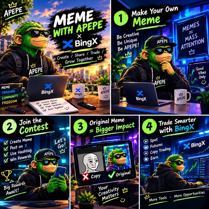 A vibrant promotional graphic featuring a cartoon ape in an "APEPE" hoodie working on a BingX-branded laptop, outlining a four-step contest to create, share, and trade memes—tying directly into the post's excitement about the APEPE × BingX meme contest and community collaboration.