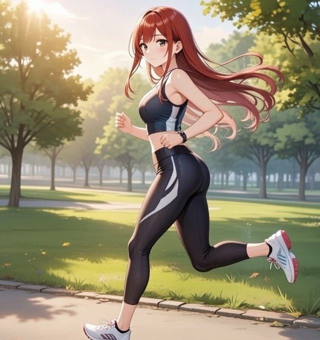 An anime-style illustration shows a red-haired woman in a black sports bra and leggings running through a sunlit park.