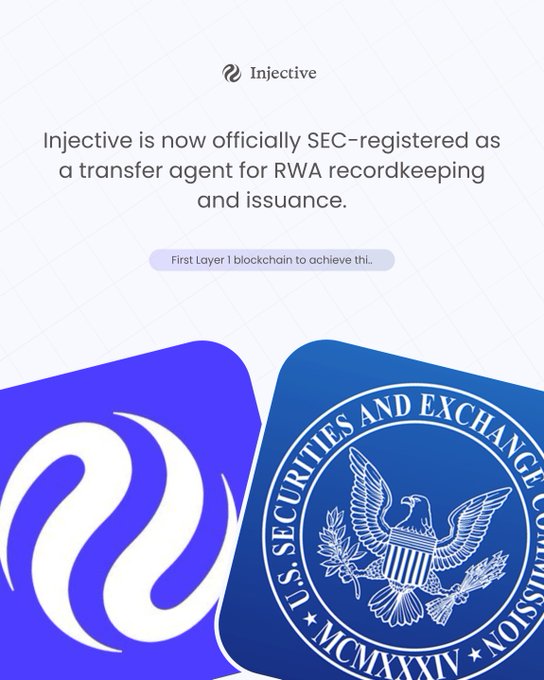 A graphic announcing that 'Injective is now officially SEC-registered as a transfer agent for RWA recordkeeping and issuance,' featuring the Injective logo and the U.S. Securities and Exchange Commission seal.