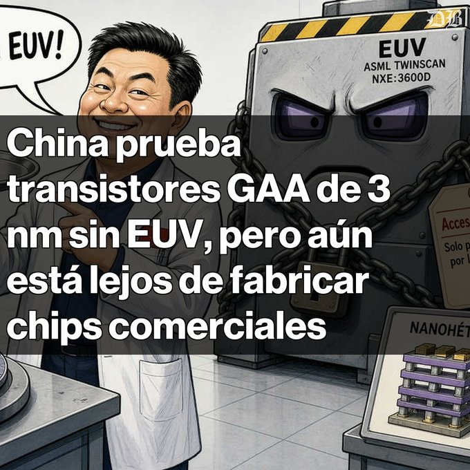 A cartoon illustration showing a man saying 'EUV!' next to a chained-up machine labeled 'EUV ASML TWINSCAN NXE:3600D', with Spanish text stating 'China prueba transistores GAA de 3 nm sin EUV, pero aún está lejos de fabricar chips comerciales'.