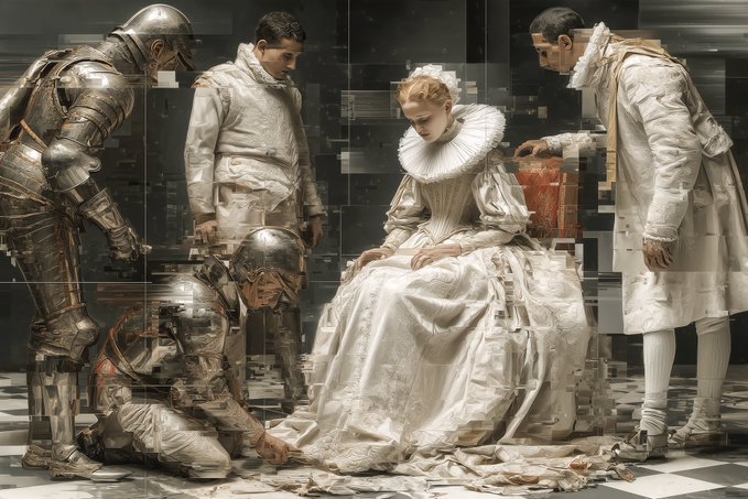 An artistic, Renaissance-style image depicting a woman in an elaborate white ruffled gown surrounded by figures in armor and period clothing, with a glitched/fragmented visual effect.