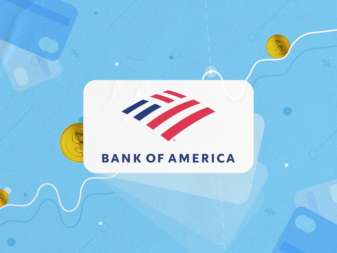 The Bank of America logo is prominently displayed on a white card against a blue background featuring dollar signs and percentage symbols, illustrating the bank's recent test of its USDBC stablecoin for cross-border payments on the Stellar blockchain network.