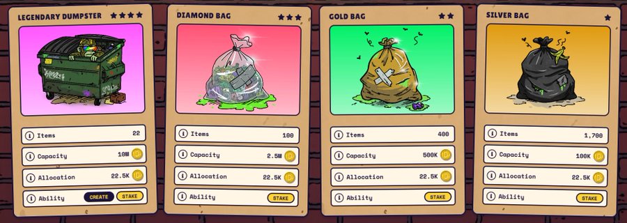 A screenshot of a game interface showing four collectible items with rarities and stats: a 'LEGENDARY DUMPSTER' (22 items, 10M capacity), a 'DIAMOND BAG' (100 items, 2.5M capacity), a 'GOLD BAG' (400 items, 500K capacity), and a 'SILVER BAG' (1,700 items, 100K capacity), all with a 22.5K allocation and 'STAKE' ability.