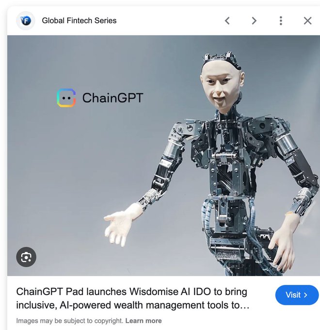 The image shows a sponsored Google ad from "Global Fintech Series" promoting "ChainGPT" alongside an unsettling humanoid robot with exposed mechanical skeleton and an eerily smiling face, which the post mocks as a bizarrely cursed pairing of an AI crypto brand with a dystopian-looking machine meant to represent the tech.