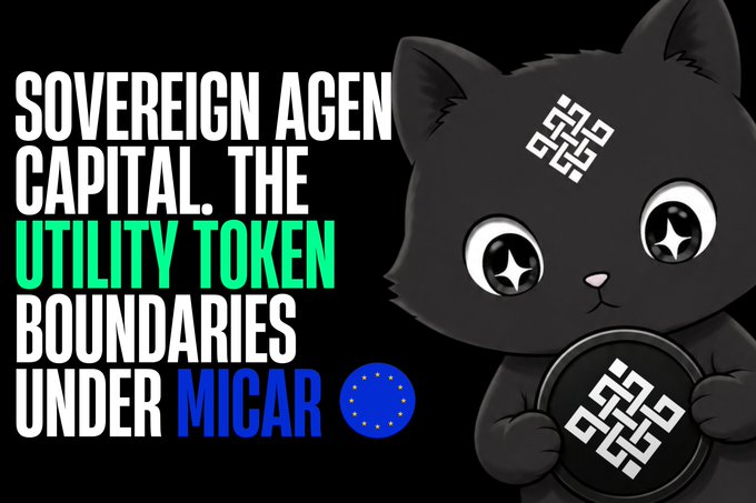 A graphic featuring a cartoon black cat holding a coin, with text reading 'SOVEREIGN AGENT CAPITAL. THE UTILITY TOKEN BOUNDARIES UNDER MICAR' alongside an EU flag emoji.