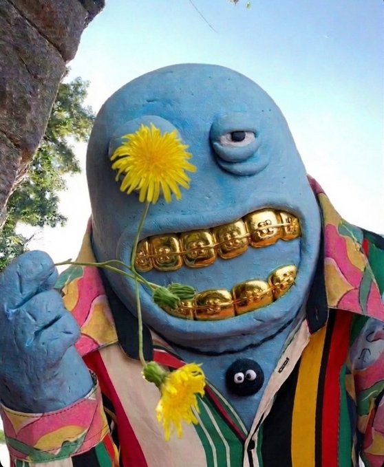 A blue cartoonish statue with gold grills and a colorful striped shirt holds a yellow dandelion up to its eye, seemingly examining it. The image relates to the post's message about staying calm and trusting the project, using the whimsical art to reinforce the "believe in the vision, believe in the art" sentiment.