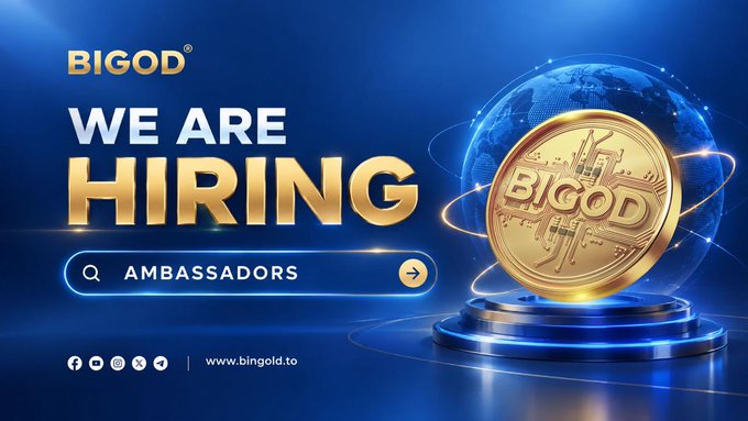 A recruitment advertisement featuring a large gold coin and the BIGOD logo, with the bold text 'WE ARE HIRING' and a search bar displaying 'AMBASSADORS'. The bottom shows social media icons and the website 'www.bingold.to'.