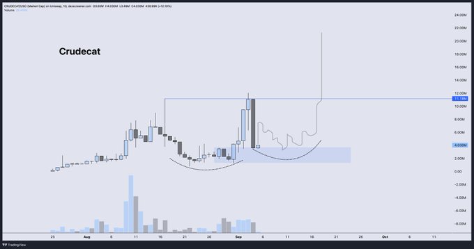 A TradingView daily chart of the memecoin Crudecat (CRUD/USDC) showing recent volatility, with a highlighted blue box around the $4.03–$4.65 support zone, indicating a potential higher low forming after multiple bottom wicks.