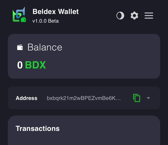 The Beldex Wallet v1.0.0 Beta interface displays a balance of 0 BDX alongside an address beginning with "bxbqrk21m2wBPEZvmBe6K..." and a Transactions section, visually highlighting the wallet's role as a centralized hub for managing BDX, BNS names, and masternode registration.