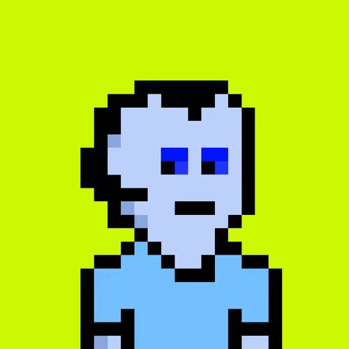Pixel art character with a pale blue face, black outline, and light blue shirt against a green background.
