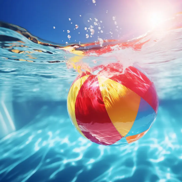A vibrant 3D rendering of a multi-colored beach ball submerged in clear blue pool water with sunlight shining from above.