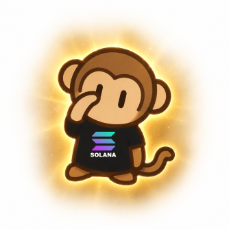 A cartoon monkey avatar covering its eyes with one hand, wearing a black t-shirt with a gradient Solana logo and the word 'SOLANA,' set against a glowing yellow background.