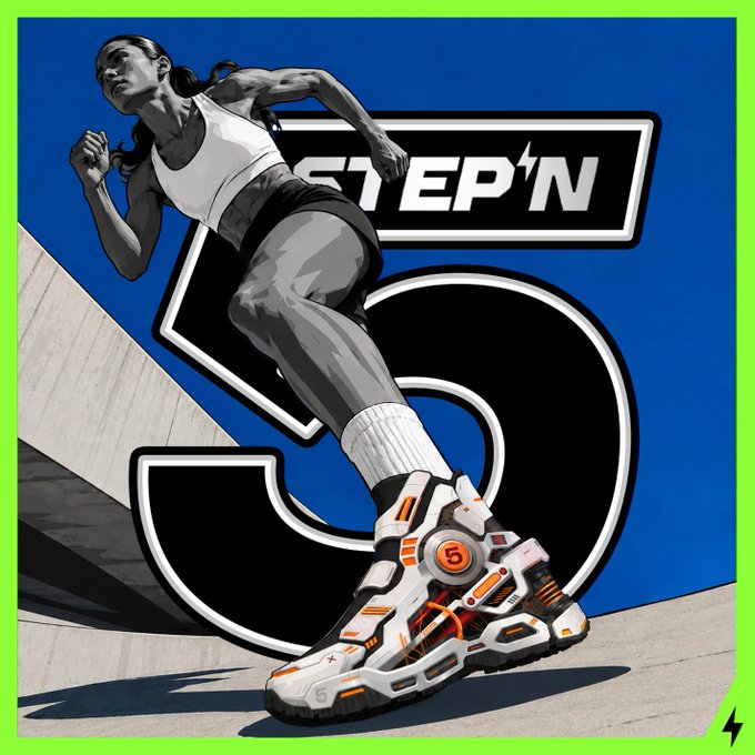 A vibrant Step'N promotional image featuring an illustrated woman running in futuristic orange and white sneakers against a blue background with the Step'N logo.