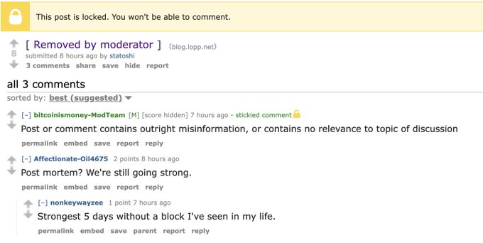 A screenshot of a Reddit post marked "[ Removed by moderator ]" indicating the comments are locked, showing a discussion about an outstanding Bitcoin block.