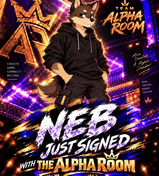 An anime-style promotional poster for 'Team Alpha Room' features a wolf-like character and the text 'WEB3 JUST SIGNED WITH THE ALPHAROOM'.