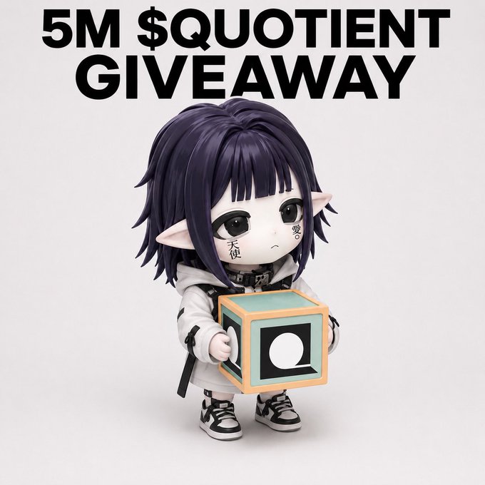 A promotional image for a '5M $QUOTIENT GIVEAWAY' featuring a 3D chibi-style anime character with purple hair holding a block with the Quotient 'Q' logo.