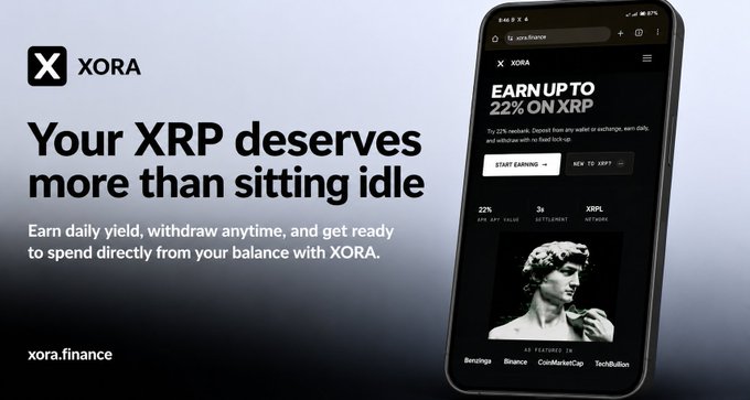 A promotional banner for XORA (xora.finance) advertises up to 22% yield on XRP with daily earnings, no lockups, and features a smartphone mockup displaying the platform's website alongside the tagline "Your XRP deserves more than sitting idle." The image aligns with the post's testimonial about discovering a platform to earn yield on idle XRP with flexible withdrawals.