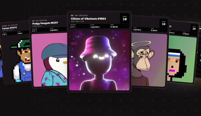 A collection of NFT profile pictures displayed as cards, including 'Citizen of Vibetown #1893', 'Pudgy Penguin #6257', and 'Farmer #1072'.
