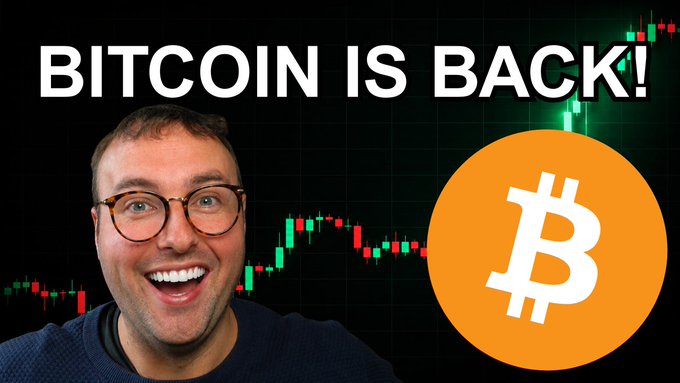 A YouTube-style thumbnail showing a smiling man with glasses and a green Bitcoin chart background, with bold text reading 'BITCOIN IS BACK!' and a large orange Bitcoin logo.