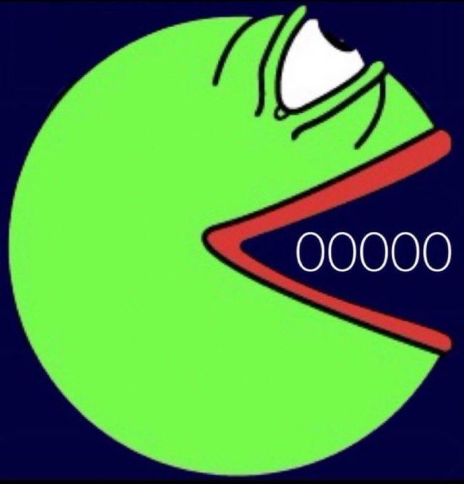 A cartoon green Pac-Man-like character with an exaggerated, wide-open mouth and bulging eye, with the text 'OOOOO' displayed near its mouth against a dark blue background.