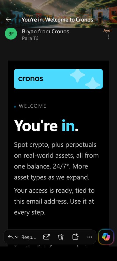 An email on a phone from 'Bryan from Cronos' welcoming the recipient with the headline 'You're in. Welcome to Cronos' and details about crypto and perpetuals on real-world assets.