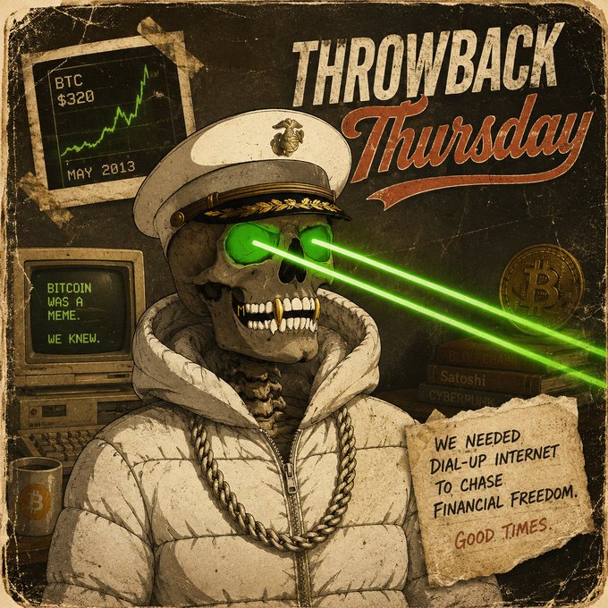 A retro-style illustration with the text 'THROWBACK Thursday' featuring a skeleton in a Marine Corps cap with green laser eyes, alongside Bitcoin imagery, an old computer displaying 'BITCOIN WAS A MEME. WE KNEW.', and notes mentioning Satoshi Nakamoto and Cyberpunk.