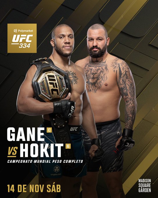 A promotional poster for UFC 334 at Madison Square Garden on November 14 features Ciryl Gane, holding the heavyweight championship belt, facing off against Josh Hokit for the undisputed heavyweight title. The Polymarket-branded ad complements the caption by highlighting the stakes of the heavyweight showdown in New York.