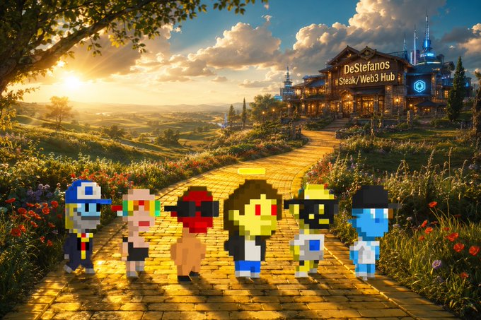 A digital artwork showing pixel-art characters standing on a yellow brick path in a lush landscape, with a building in the background labeled 'DeStefanos Steak/Web3 Hub'.