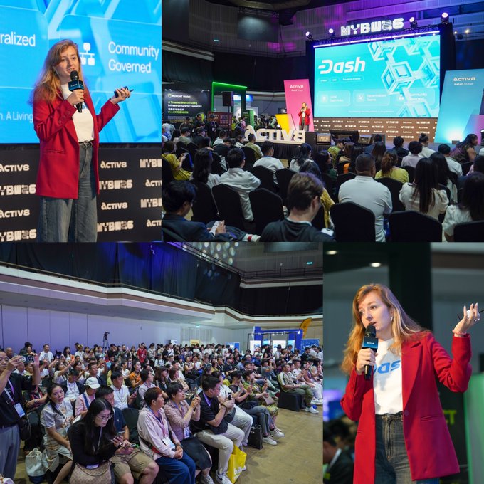 A collage of photos from a 'MYB:B 2025' event shows a woman in a red blazer speaking on stage about 'Dash' cryptocurrency and community governance to a large seated audience.