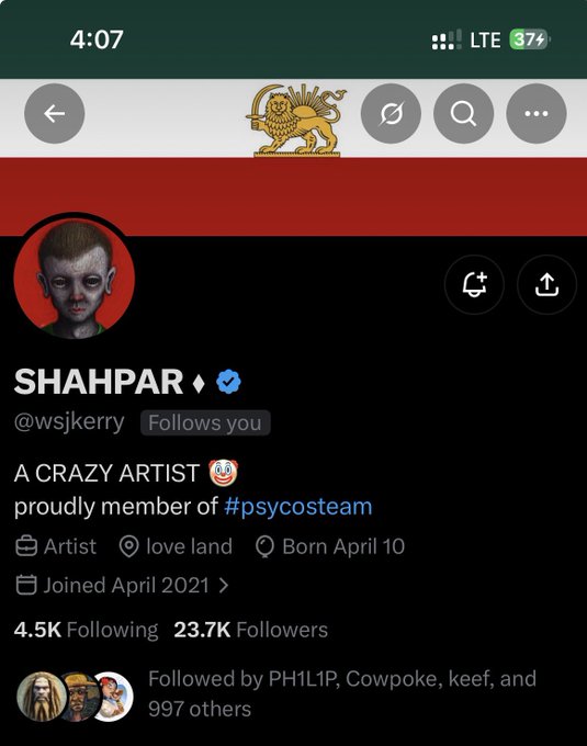 A mobile screenshot of an X (formerly Twitter) profile for 'SHAHPAR' (@wsjkerry), describing himself as 'A CRAZY ARTIST', with 23.7K followers.