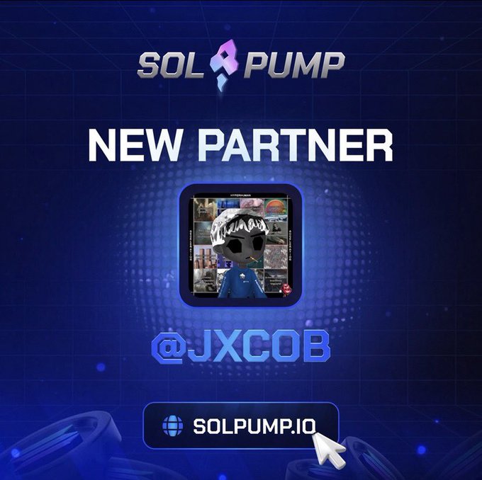 A promotional graphic for 'SOL PUMP' announcing a 'NEW PARTNER' @JXCOB with a blue-themed background featuring an animated character avatar and the website solpump.io.