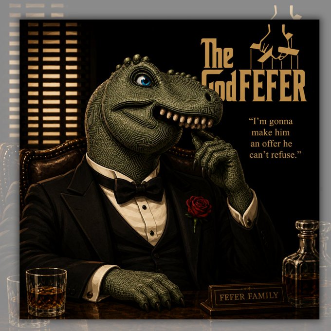 An AI-generated parody of The Godfather poster features a dinosaur in a tuxedo holding a rose, with text reading 'The GodFEFER', 'I'm gonna make him an offer he can't refuse.', and 'FEFER FAMILY'.