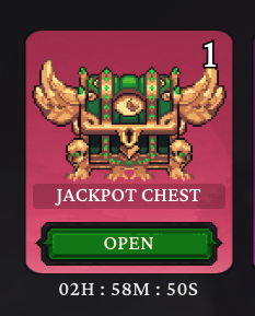 A pixel art graphic of a treasure chest labeled 'JACKPOT CHEST' with a green 'OPEN' button and a countdown timer showing '02H : 58M : 50S'.