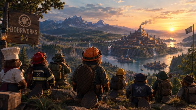 A group of teddy bears and toy figures wearing hard hats and worker uniforms gaze out at a fantasy industrial landscape with smokestacks, ships, and mountains at sunset, with a 'BOBRWORKS' sign visible on the left.