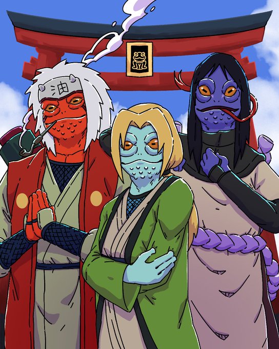 An anime-style illustration of three masked ninja characters in traditional Japanese robes standing before a red torii gate.