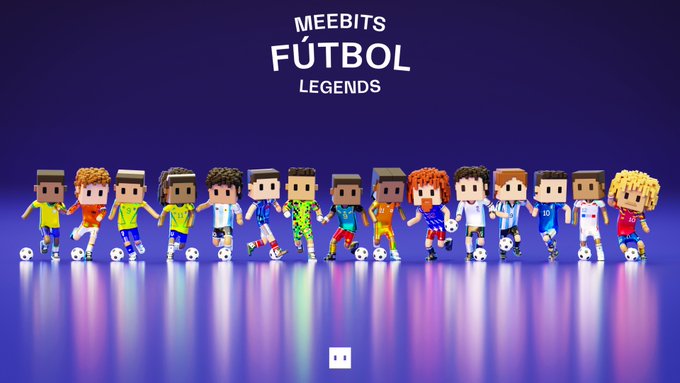 A promotional graphic for 'Meebits Fútbol Legends' featuring a lineup of 14 pixel-art style 3D characters in various soccer uniforms against a dark blue background.