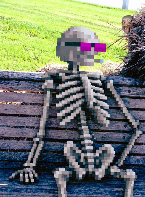 A pixelated skeleton character wearing purple sunglasses sits on a wooden bench outdoors, with green grass and a bird's nest visible in the background.