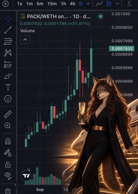 A trading chart for PACK/WETH pair showing +31.81% gain, with an AI-generated image of an anthropomorphic fox character in a black coat holding a champagne glass in front of a private jet.