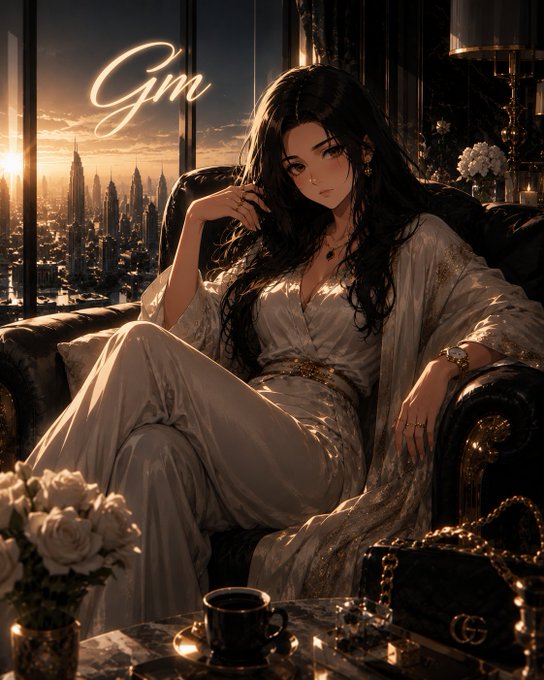 An anime-style illustration of a woman in an elegant white dress sitting on a dark couch, with 'Gm' written in gold script and a city skyline at sunset visible in the background.