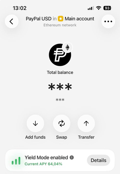 A Tangem wallet screen displays a PayPal USD (PYUSD) balance on the Ethereum network with Yield Mode enabled showing a current APY of 64.04%, along with options to add funds, swap, or transfer. The image illustrates the post's point about the unusually high PYUSD yield available directly within the Tangem app.